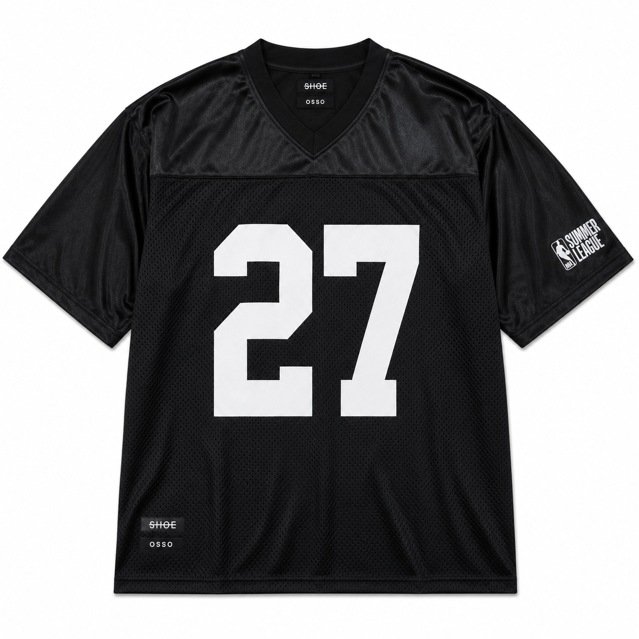 A black athletic jersey with the number 27 printed in white on the front, featuring a V-neck collar and short sleeves. The brand name 'SHOE' and 'OSSO"  is visible on the inner neck label and lower hem, with a sleeve graphic reading 'NBA SUMMER LEAGUE'.