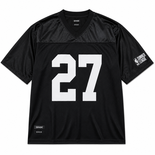 A black athletic jersey with the number 27 printed in white on the front, featuring a V-neck collar and short sleeves. The brand name 'SHOE' and 'OSSO"  is visible on the inner neck label and lower hem, with a sleeve graphic reading 'NBA SUMMER LEAGUE'.